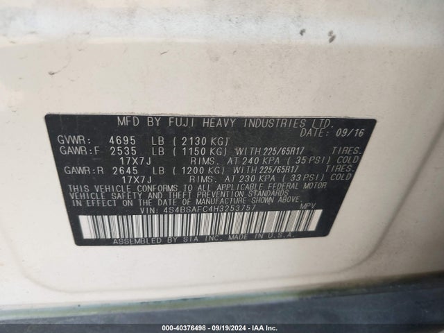 Subaru Outback 2.5i Premium 2017 4S4BSAFC4H3253757 Image 9