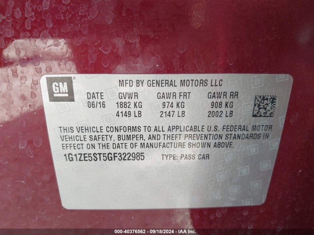 Chevrolet MALIBU 1LT 2016 1G1ZE5ST5GF322985 Image 9