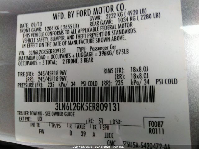 3LN6L2GK5ER809131 Lincoln MKZ