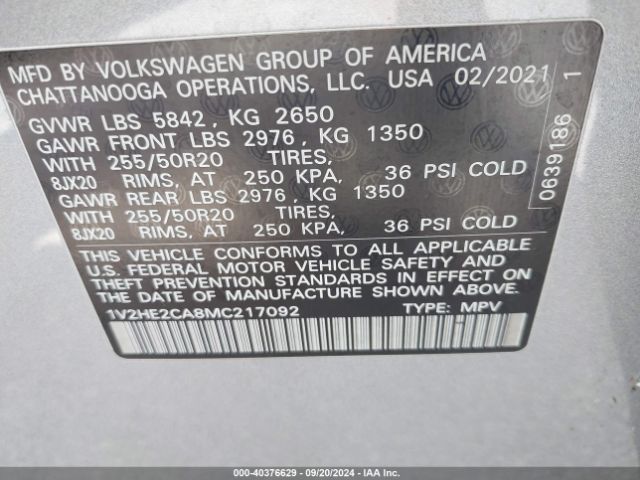1V2HE2CA8MC217092 Volkswagen Atlas Cross Sport 3.6l V6 Se W/technology