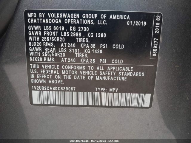 1V2UR2CA8KC539067 Volkswagen Atlas 3.6l V6 Se W/technology