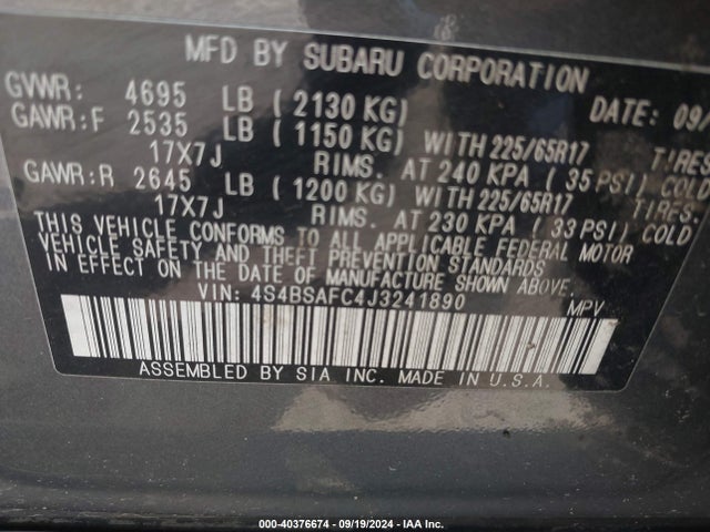 Subaru Outback 2.5i Premium 2018 4S4BSAFC4J3241890 Image 9