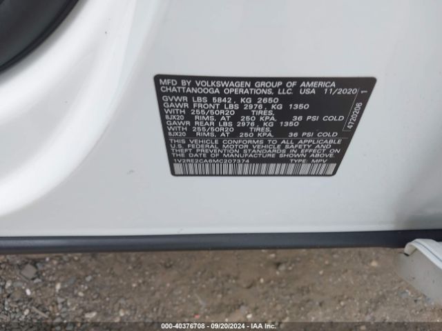 1V2RE2CA6MC207374 Volkswagen Atlas Cross Sport 3.6l V6 Se W/technology R-line