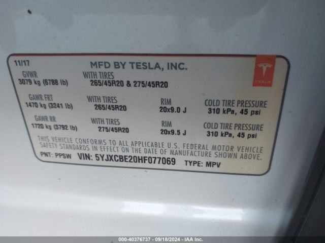 5YJXCBE20HF077069 Tesla Model X 100d/75d/90d