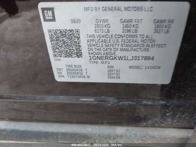 1GNERGKW1LJ317894 Chevrolet Traverse Fwd Lt Cloth