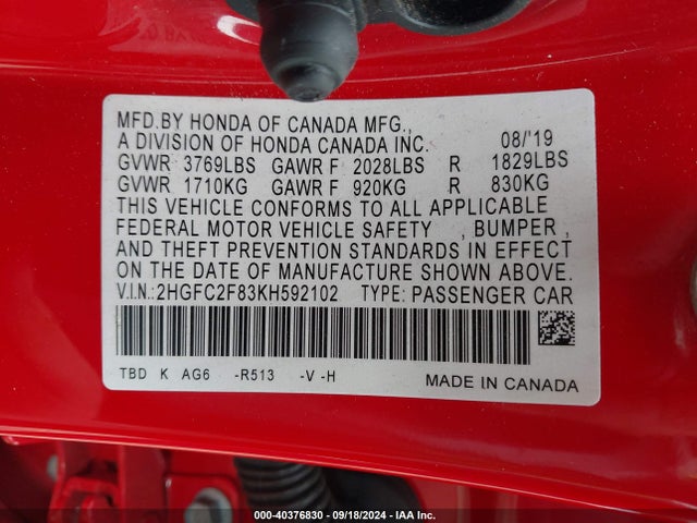 Honda Civic Sport 2019 2HGFC2F83KH592102 Image 9
