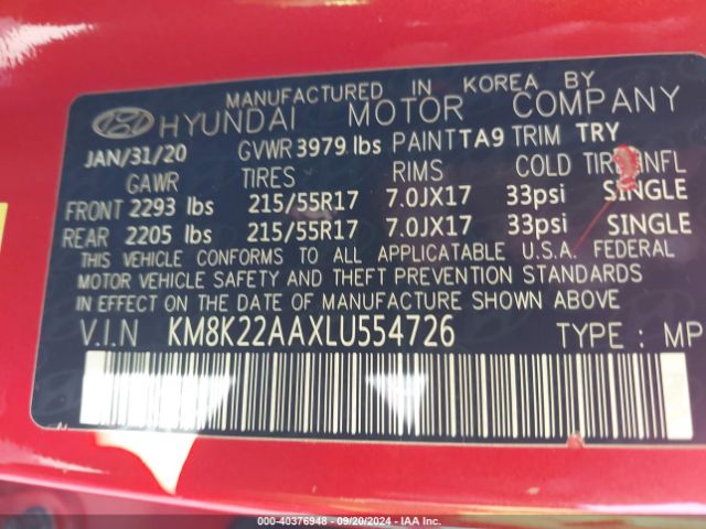 KM8K22AAXLU554726 Hyundai Kona Sel