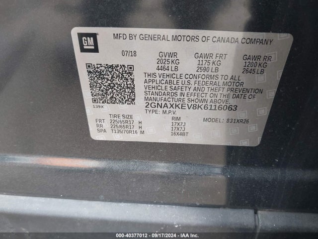 Chevrolet EQUINOX LT 2019 2GNAXKEV8K6116063 Image 9