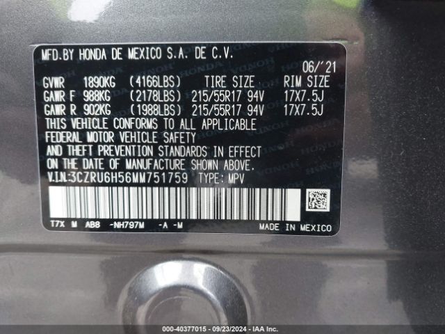 3CZRU6H56MM751759 Honda Hr-v Awd Ex
