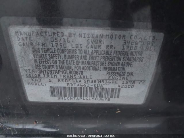 3N1CN7AP1GL903678 Nissan Versa 1.6 Sl