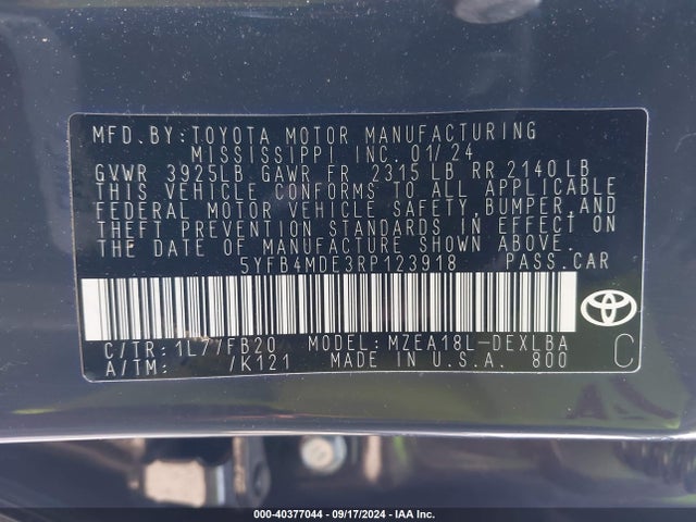 Toyota COROLLA LE 2024 5YFB4MDE3RP123918 Image 9