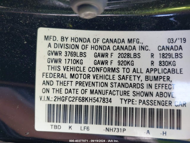 Honda Civic Lx 2019 2HGFC2F68KH547834 Image 9
