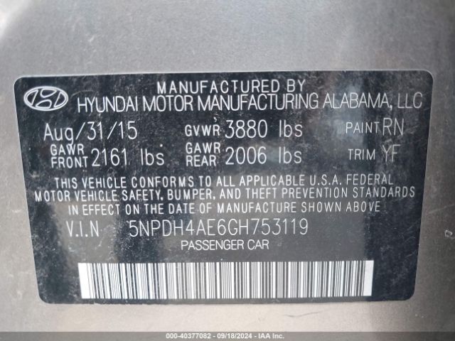 5NPDH4AE6GH753119 Hyundai ELANTRA SE