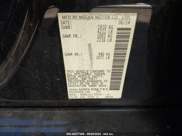 Nissan Altima 2.5 S 2015 1N4AL3AP8FN306745 Image 9