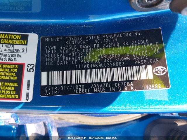 Toyota CAMRY XSE 2020 4T1K61AK9LU329883 Image 9