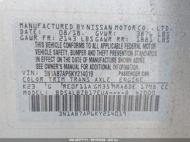 Nissan SENTRA S 2019 3N1AB7AP6KY214019 Image 9