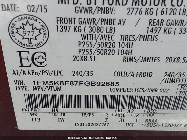 Ford Explorer Limited 2015 1FM5K8F87FGB92685 Image 9