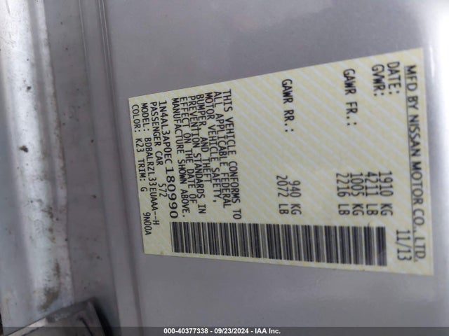 Nissan Altima 2.5 S 2014 1N4AL3AP0EC180990 Image 9