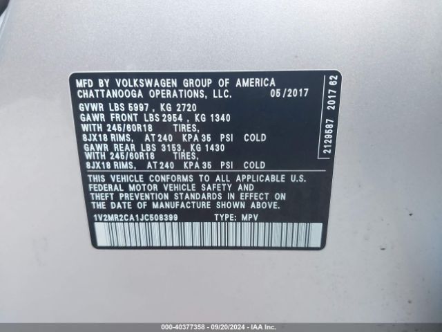 1V2MR2CA1JC508399 Volkswagen Atlas 3.6l V6 Sel