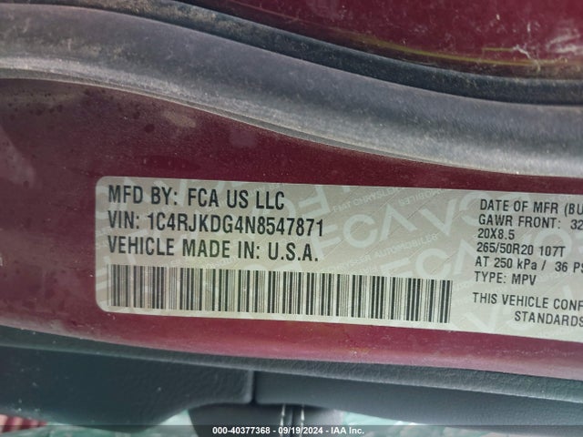1C4RJKDG4N8547871 Jeep Grand Cherokee L Overland 4x4