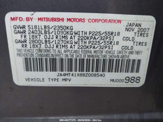 2008 MITSUBISHI OUTLANDER JA4MT41X88Z008540 Photo 8