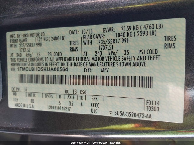 Ford ESCAPE SEL 2019 1FMCU9HD5KUA00564 Image 9