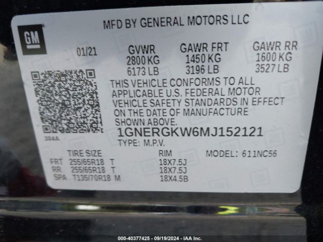 1GNERGKW6MJ152121 Chevrolet Traverse Fwd Lt Cloth