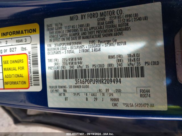 3FA6P0PU9HR209494 Ford Fusion Energi Se Luxury