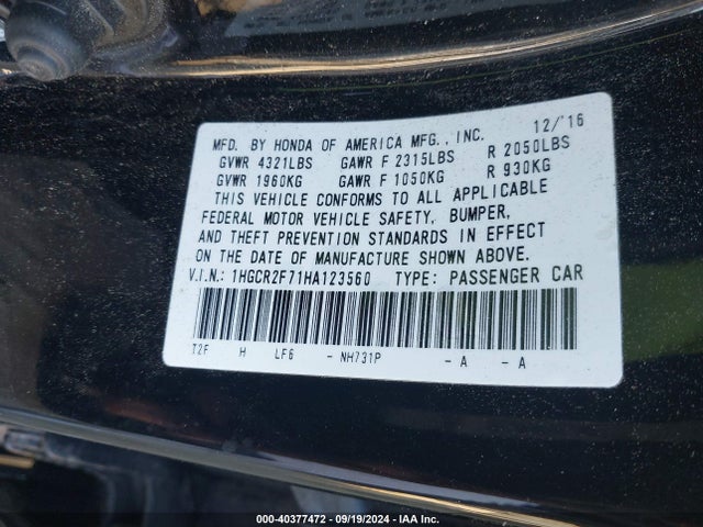 Honda ACCORD EX 2017 1HGCR2F71HA123560 Image 9