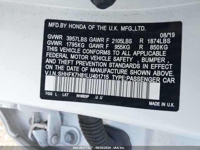 Honda Civic Ex-l 2020 SHHFK7H81LU401715 Image 9
