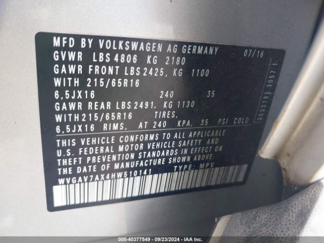 WVGAV7AX4HW510141 Volkswagen Tiguan 2.0t/2.0t S