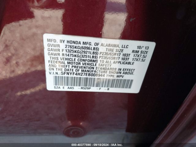 5FNYF4H27EB008944 Honda PILOT LX
