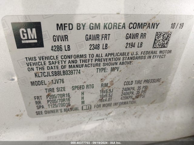 Chevrolet Trax Fwd Lt 2020 KL7CJLSB8LB039774 Image 9
