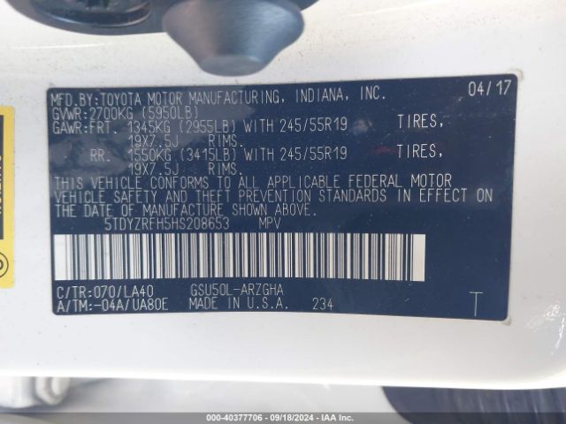 5TDYZRFH5HS208653 Toyota Highlander Limited