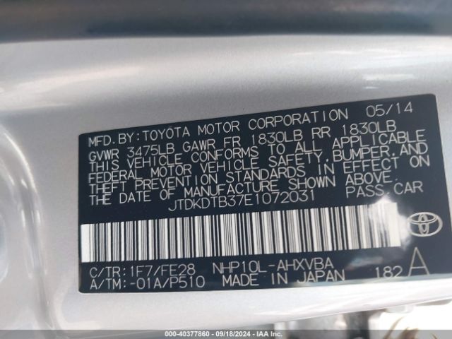 JTDKDTB37E1072031 Toyota Prius C One
