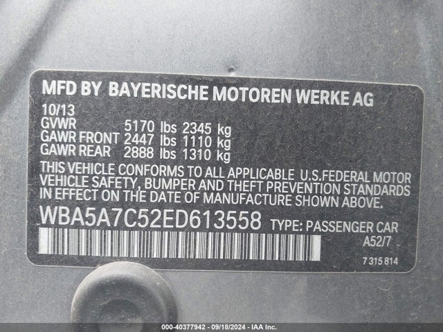 BMW 528i Xdrive 2014 WBA5A7C52ED613558 Image 9