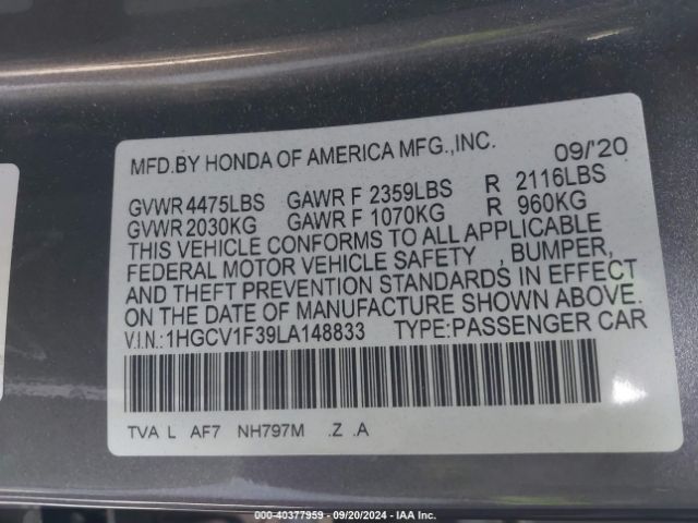 1HGCV1F39LA148833 Honda Accord Sport