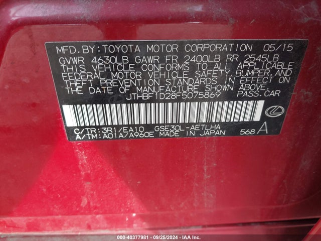 Lexus IS 250 2015 JTHBF1D28F5075869 Image 9