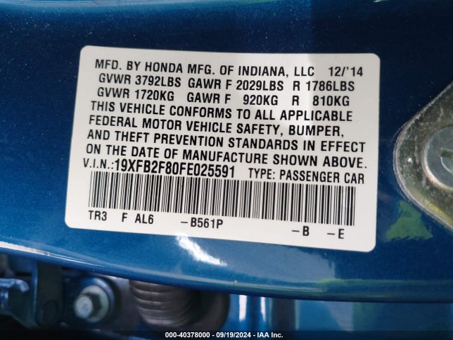 Honda CIVIC EX 2015 19XFB2F80FE025591 Image 9