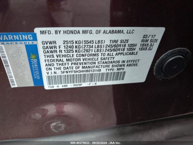 5FNYF5H34HB013148 Honda Pilot Ex