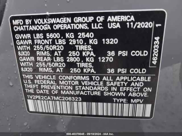 1V2PE2CA7MC206323 Volkswagen Atlas Cross Sport 3.6l V6 Se W/technology R-line