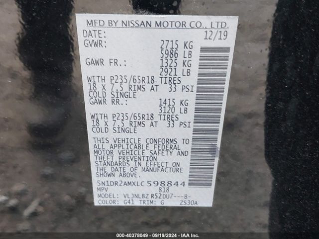 5N1DR2AMXLC598844 Nissan Pathfinder S 4wd