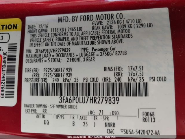 3FA6P0LU7HR279839 Ford Fusion Hybrid Se