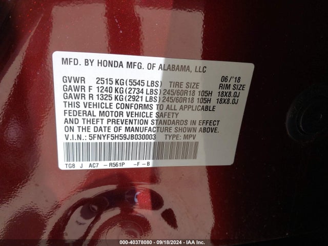 Honda Pilot Ex-l 2018 5FNYF5H59JB030003 Image 9