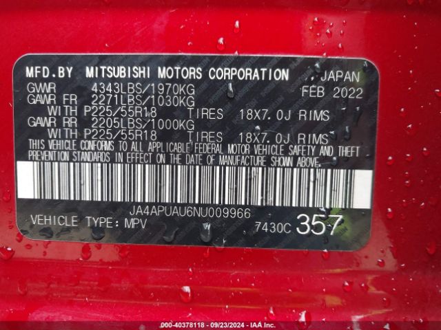 JA4APUAU6NU009966 Mitsubishi Outlander Sport 2.0 Be 2wd/2.0 Es 2wd/2.0 Le 2wd/2.0 S 2wd
