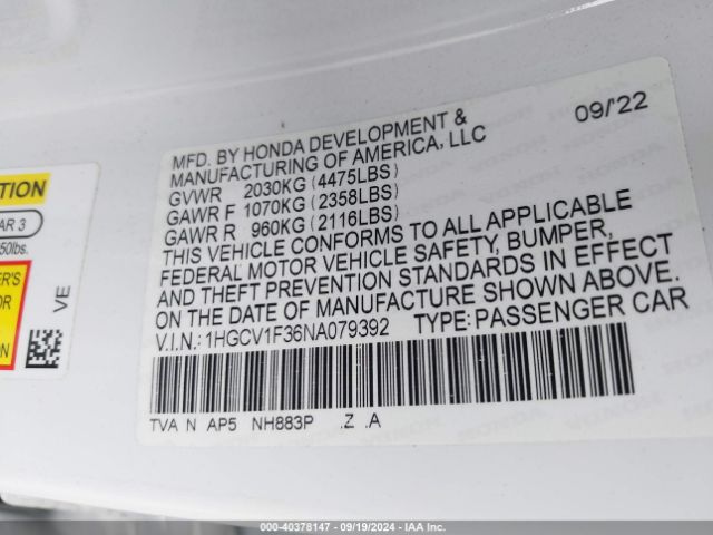 1HGCV1F36NA079392 Honda Accord Sport