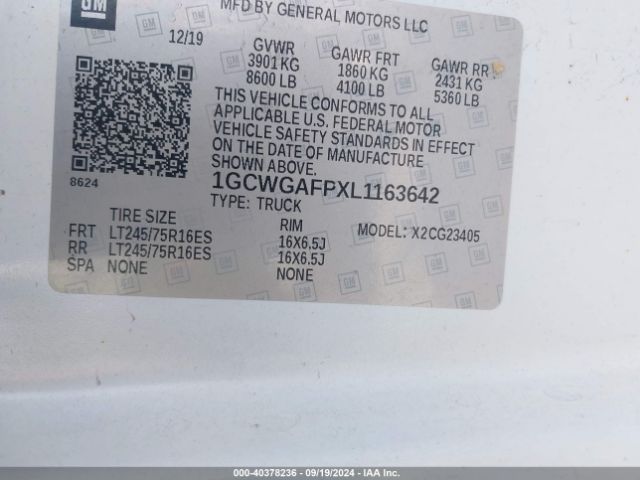 1GCWGAFPXL1163642 Chevrolet Express Cargo Rwd 2500 Regular Wheelbase Wt