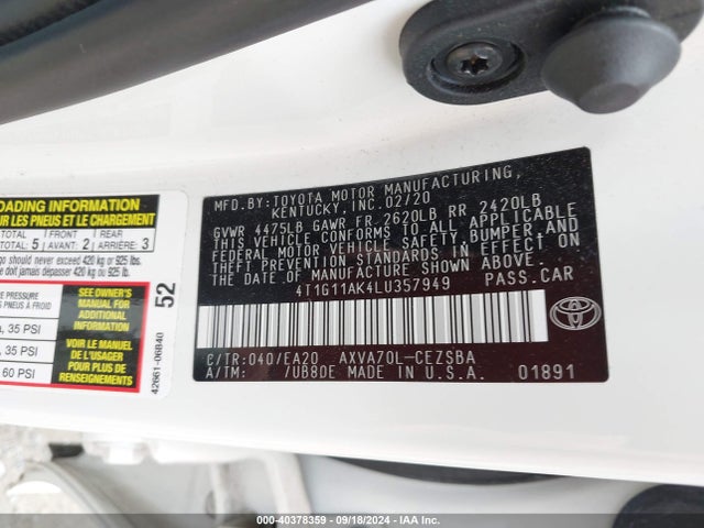 Toyota CAMRY SE 2020 4T1G11AK4LU357949 Image 9