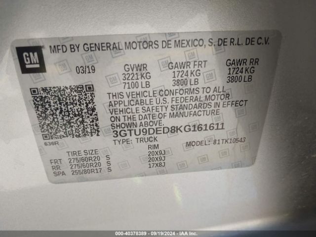 3GTU9DED8KG161611 GMC Sierra 1500 Slt