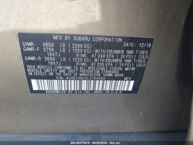 2020 SUBARU OUTBACK 4S4BTANCXL3154089 Photo 8